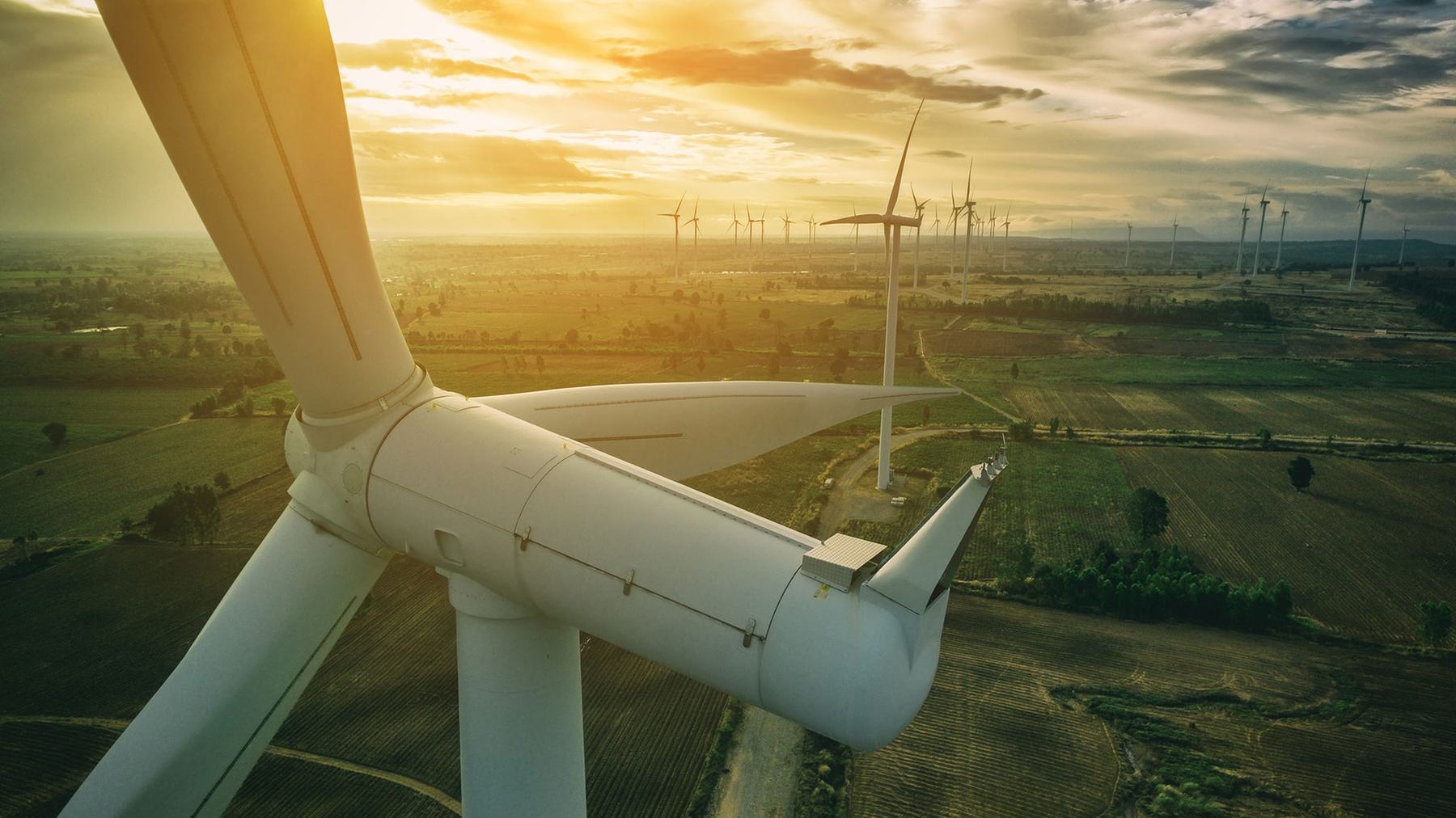 Wind turbines at sunrise over farmland